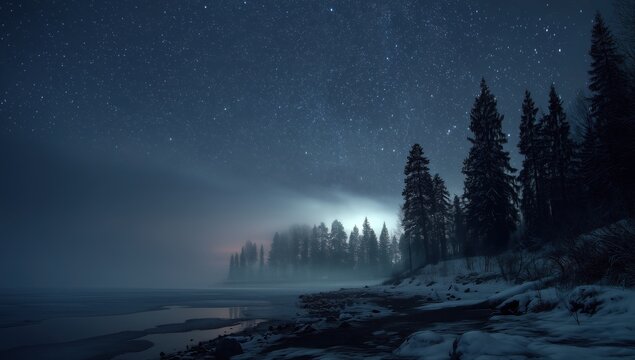 dark blue night sky with stars, fog, and a forest in the background the ground is covered in snow a large lake can be seen at the bottom of the picture Generative AI