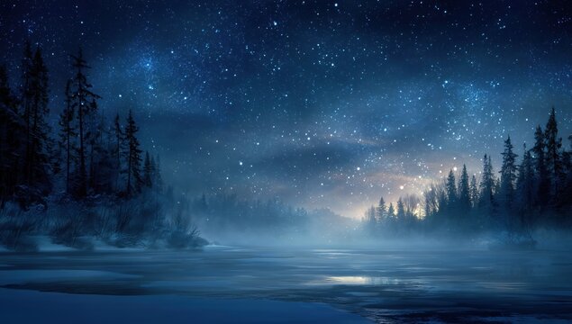 dark blue night sky with stars, a misty forest in the background, and a foggy ground, a panoramic view the scene is set at midnight during winter with snow falling Generative AI