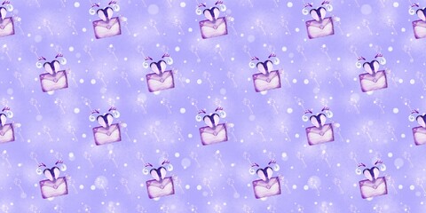 Seamless romantic pattern with purple heart keys and love letters on a soft pastel background. Cute hand-drawn design for Valentine’s Day and gifts.