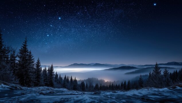 dark blue night sky with stars, fog, and a forest in the background the ground is covered in snow a large lake can be seen at the bottom of the picture Generative AI