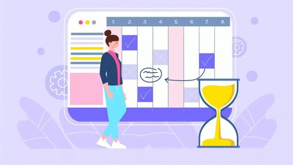 A woman stands next to a digital planner and hourglass, symbolizing time management.
