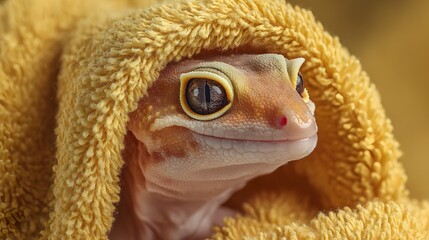 Fototapeta premium Adorable Leopard Gecko Wrapped in a Cozy Yellow Towel After a Bath.
