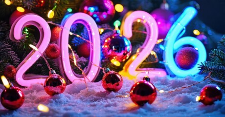 Bright neon numbers display year 2026. Red ornaments scattered amidst snowy branches, festive lights create vibrant holiday scene.