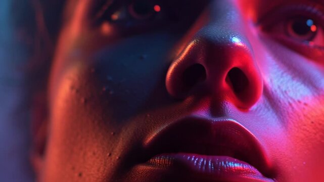 Closeup of a persons face illuminated by neon lights