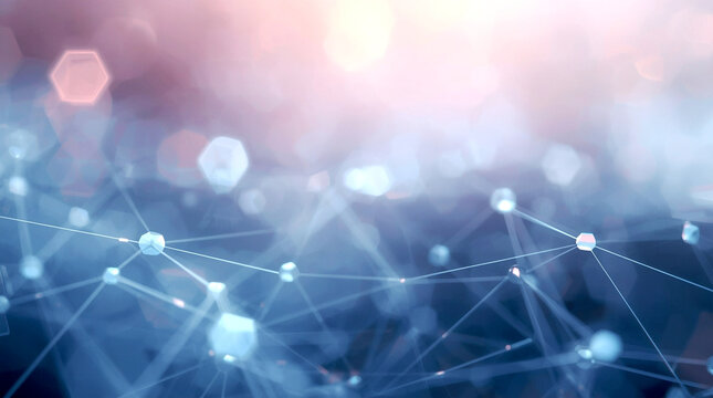 Abstract network of glowing connected nodes on a dreamy blue-pink background, representing digital communication, data flow, futuristic technology, and modern AI connections in a clean minimal style