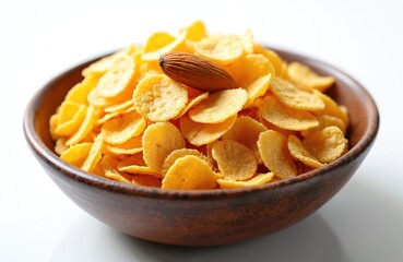 Bowl filled with golden corn flakes and one almond. Simple breakfast meal, crunchy texture. Healthy start to the day, provides energy. Light background for easy use.