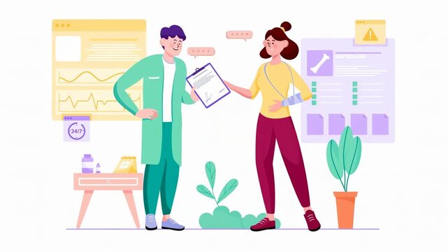 A healthcare professional and a patient discussing a medical document in a colorful clinic.