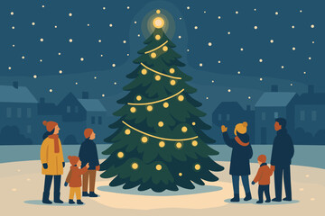 Glowing decorated people festive snowy gathering vector view magical fully illustration tree