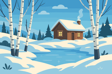 Wooden serenity birch illustration among morning nestled vector winter sunlight snow nearby