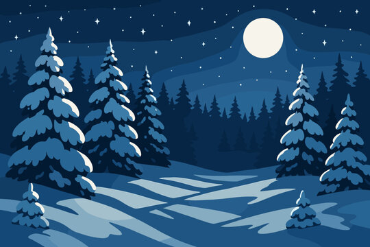 Forest long moonlit twinkling blue stars vector above illustration snow snowy winter