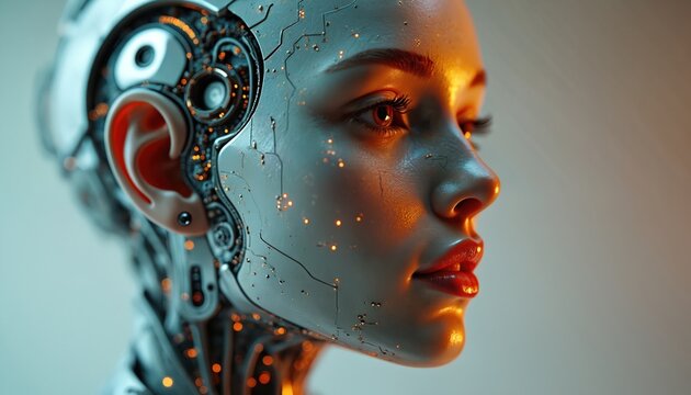 Metallic female android head with complex wiring and glowing circuits. Features realistic skin texture with subtle illumination. Calm expression implies advanced AI and futuristic design.