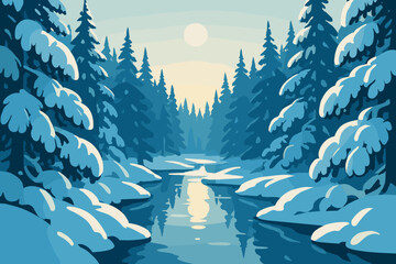 Serenity sun illustration vector forest pines glowing reflections winter cutting branches under