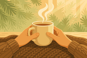 Vector cozy steaming holding sunlight comfort illustration soft knitted over background pine