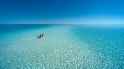 Fototapeta premium Aerial view of a couple kayaking in the clear turquoise waters of the Exuma Cays, Bahamas.