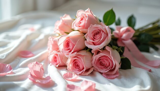 Gentle pink rose bouquet rests on soft white fabric with scattered petals and a satin ribbon. Delicate floral arrangement conveys romance affection and beauty for special occasions.