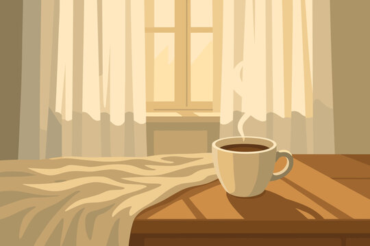 Soft linen vector peaceful morning steaming calm fabric cup wooden illustration scene