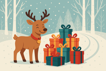 Naklejka premium Vector through scene illustration gently s boxes forest snow around magical santa