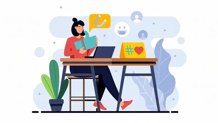 A woman sitting at a desk, using a laptop while reading a book, surrounded by plants and social media icons.