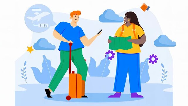Two travelers engage with a smartphone and a map, surrounded by clouds and travel icons.