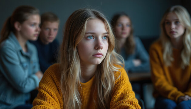 Teenagers sit together in a group setting. Young people listen intently in a classroom or meeting. Youth share a moment of reflection or discussion. - Powered by Adobe