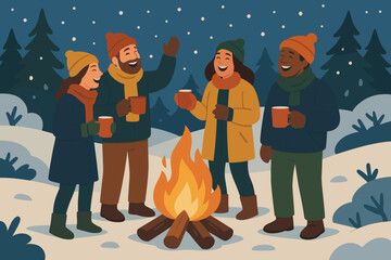 Illustration drinks holding filling outdoor vector gathering bonfire snowy celebration crisp winter