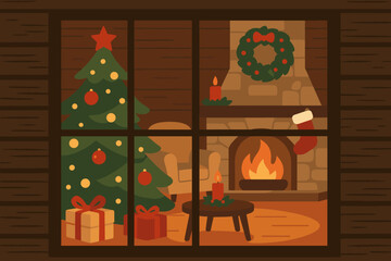 Obraz premium View joy vector cottage window festive interior christmas illustration lights cozy tree