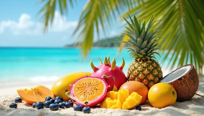 Assorted fresh tropical fruits like mango papaya pineapple coconut and dragon fruit on sandy beach near blue ocean waves. Palm leaves frame sunny exotic paradise.