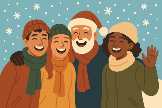 Vector winter group memories memory smiles illustration joyful frozen snowflakes holiday people