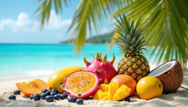 Assorted fresh tropical fruits like mango papaya pineapple coconut and dragon fruit on sandy beach near blue ocean waves. Palm leaves frame sunny exotic paradise.