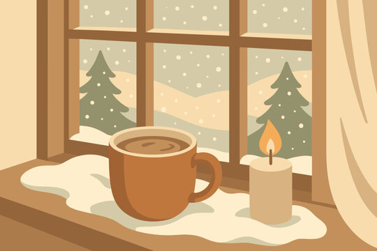 Snowy vector warm cocoa scene illustration mug stillness comfort peaceful gentle moment