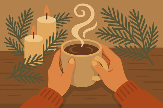 Cozy curling chocolate pine hands cocoa background holding vibe illustration moment creating