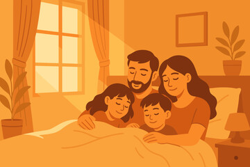 Cuddled illustration warm life peaceful family vector love representing glow unity bedroom