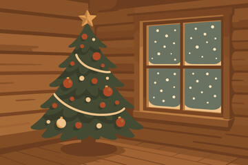 Color warm corner vector radiating outside comfort decorated cozy christmas cabin illustration