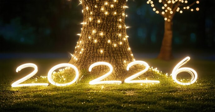 Glowing numerals spell year 20226. Tree trunk illuminated with string lights. Dark background, grassy field visible. Festive, nighttime scene.