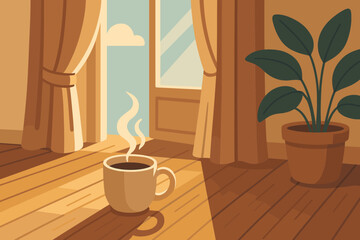Illustration steaming floor vector cozy nearby sunlight warmth scene curtains serenity morning
