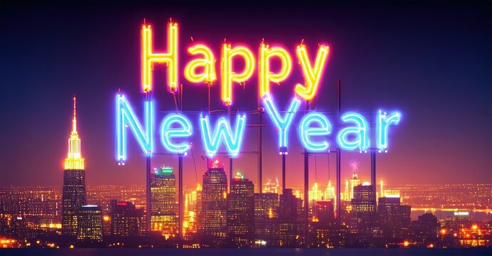 Neon Happy New Year text over city skyline. Bright lights illuminate buildings, creating festive mood. Dark sky provides contrast.