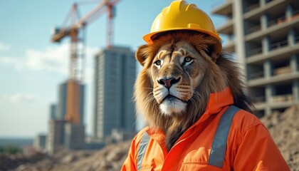 Lion wears safety helmet and vest. Construction site with cranes and buildings in background. Animal works on building project. Safety first.