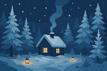 Naklejka premium Illustration vector frost forest cabin starry clearing smoke night frosty retreat pine