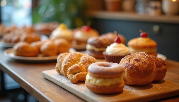 Variety of delicious pastries arranged on wooden table. Assortment includes croissants muffins donuts, cakes. Cozy cafe setting tasty baked goods fresh from bakery. Tempting desserts for brunch.