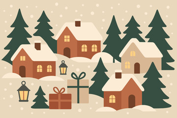 Fototapeta premium Holiday cottages composition illustration village vector flat scene snowflakes snow lanterns cozy