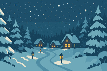 Winter illustration panoramic glowing windows view snow pine sky soft forest serenity