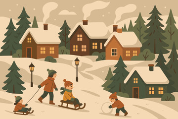 Obraz premium From charm cozy lanterns village christmas peaceful vector glowing illustration smoke scene