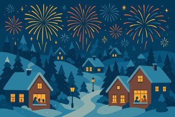 Obraz premium Lanterns festive watching night illustration fireworks from trees pine over windows vector