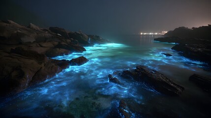 Bioluminescent waves glow blue along a rocky coastline at night, creating a magical and ethereal natural spectacle.