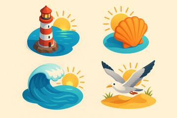 Fototapeta premium Coastal Sunrise Icons – Colorful Isometric Vector Set