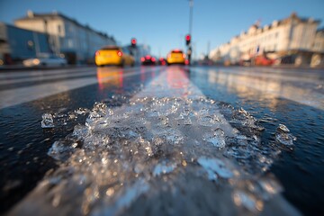 Winter scene shows melting ice on a crosswalk with taxis waiting at red lights during a clear day