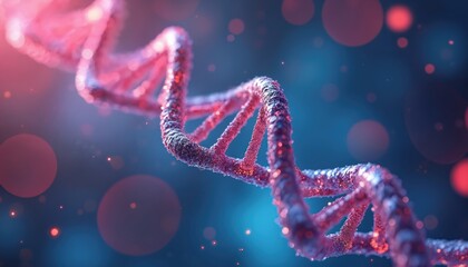 Close up abstract 3D render of pink dna helix structure. Scientific concept, molecule research, genetic code understanding. Background with blue and red bokeh.