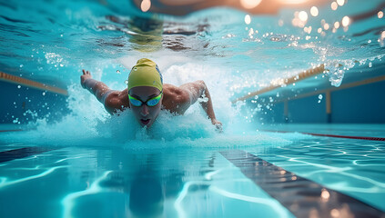 Underwater View of a Swimmer Performing the Butterfly Stroke in a Pool