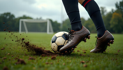 Football Player Dribbling the Ball on a Muddy Grass Field with Goal in the Background