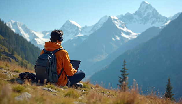 Man with backpack and headphones works on laptop in mountains. Person enjoys nature while connected to technology. Freelancer finds peace in remote workspace, enjoying scenic view.